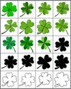 Clover leaves with four and three petals green icons set. Shamrock plant, grass. Saint Patrick day, Ireland symbol. Botanical,