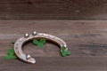 Clover leaves and golden horseshoe on vintage wooden boards. Good luck symbol, St. Patrick`s Day and New Year concept