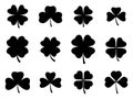 Clover leaves icon set isolated on white background. Black silhouettes of clovers for St. Patrick\'s Day Royalty Free Stock Photo