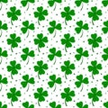 Clover leaves seamless pattern isolated on white background: green lucky four leaf clover and shamrock clover. Royalty Free Stock Photo