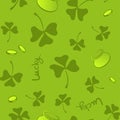 Clover leaves seamless vector pattern. St. Patrick`s Day green background. Shamrock wallpaper Royalty Free Stock Photo