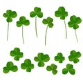 Clover leaves set, quarterfoil and trefoil, with stems and without one. Vector illustration. Patricks Day design element