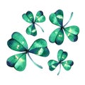 Clover leaves set - quarterfoil and trefoil. Watercolor hand drawn illustration. Patricks Day design element.