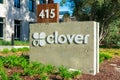 Clover logo at Clover Network headquarters campus. Clover is a cloud-based Android point of sale platform owned by First Data