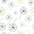 Clover pattern. Green, hand drawn four leaf clovers on transparent backdrop. Seamles vector background Royalty Free Stock Photo