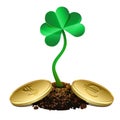 Clover sprout growing out of soil and gold coins. Royalty Free Stock Photo