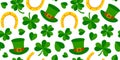 Clover vector seamless pattern, Saint Patricks Day, shamrock leaf and horseshoe, plant background. Nature ireland illustration