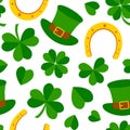 Clover vector seamless pattern, Saint Patricks Day, hamrock leaf and horseshoe, plant background. Nature ireland illustration