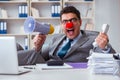 The clown businessman angry in the office with a megaphone Royalty Free Stock Photo