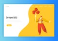 Clown Character Landing Page Template. Funny Carnival Joker Holding Balloon Making Fun Face. Birthday Party Circus