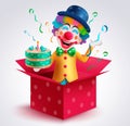 Clown character vector design. Birthday buffoon character wearing colorful party costume holding yummy cake