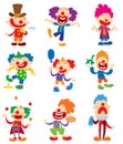 Clown character vector performing different fun activities cartoon illustrations. Clown character funny happy costume Royalty Free Stock Photo