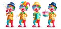 Clown character vector set design. Birthday buffoon and joker characters Royalty Free Stock Photo