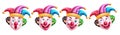 Clown character vector set design. Birthday clown and buffoon in funny, naughty and smiling face Royalty Free Stock Photo