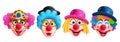 Clown characters set vector design. Birthday buffoon and joker character with funny and happy facial expression