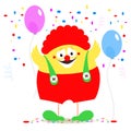Clown chicken on a background of festive balloons and confetti.