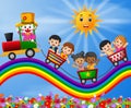 Clown and childrens travelling train on the rainbow Royalty Free Stock Photo