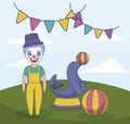 clown of circus with seal with ball and garlands hanging