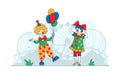 Clown Comedians in Amusement Park, Big Top Smiling Joker Male and Female Characters with Balloons. Jester, Circus Show