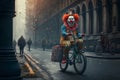 A clown with a crazy face riding a bicycle, AI generated