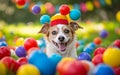 Clown dog playing with fun balls Royalty Free Stock Photo