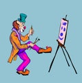 The clown draws on canvas