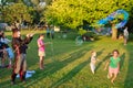 A clown entertaining children with giant soap bubbles Royalty Free Stock Photo