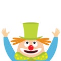 Clown face head looking up. Big eyes, red nose, mouth smile, orange hair, hands. Magician hat. Cute cartoon funny baby character. Royalty Free Stock Photo