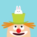 Clown face head looking up. Eyes, red nose, mouth smile, orange hair. Rabbit hare in magician magic hat. Cute cartoon funny baby c Royalty Free Stock Photo