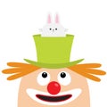 Clown face head looking up. Eyes, red nose, mouth smile, orange hair. Rabbit hare in magician magic hat. Cute cartoon funny baby c Royalty Free Stock Photo