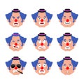 Clown face set. sleeping and evil emotion avatar. bewildered and sad funnyman emoji. harlequin fear and happy icon. serious and