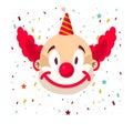 Clown face smile in wig and birthday cap. Vector icon of cartoon circus funny comic man