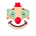 Clown face smile in wig and birthday cap. Vector isolated icon of cartoon circus funny comic man