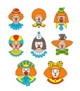 Clown faces different thin line colorful avatars