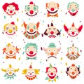 Clown faces vector isolated icons set
