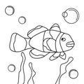 Clown fish. Cartoon character coloring book. Deep sea fish black outline drawing, sketch. Anemonefish, sea anemone. Marine fish Royalty Free Stock Photo