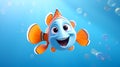 Clown fish, cheerful, marine, bright color, red-orange with white stripes, with big eyes, in blue water, cartoon Royalty Free Stock Photo