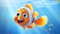 Clown fish, cheerful, marine, bright color, red-orange with white stripes, with big eyes, in blue water, cartoon Royalty Free Stock Photo
