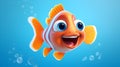 Clown fish, cheerful, marine, bright color, red-orange with white stripes, with big eyes, in blue water, cartoon Royalty Free Stock Photo