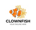 Clown fish and sea anemone, logo design. Marine underwater life, animal, nature and wildlife, vector design Royalty Free Stock Photo