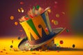 Clown hat with colorful confetti. April fools\' day celebration, ai generated