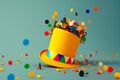 Clown hat with colorful confetti on a blue background. April fools\' day celebration, ai generated