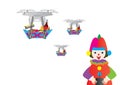 Clown holding a remote control and drones with Purim Jewish holiday treats basket