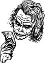 A clown joker with 100 dollars bill in his hand vectors art black and white tattoo