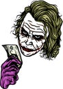 A clown joker with 100 dollars bill in his hand vectors art