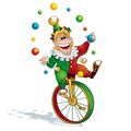 The clown juggler in a red-green suit and a cap juggles with balls and rides on a unicycle. Royalty Free Stock Photo