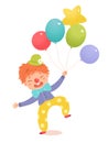 Clown kid character performing fun show in circus, boy with funny nose and balloons Royalty Free Stock Photo