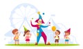 Clown with kids. Cheerful children and funny juggler in carnival costume, cute boys and girls in park or circus Royalty Free Stock Photo