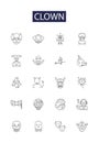 Clown line vector icons and signs. Mime, Harlequin, Entertainer, Bozo, Fool, Comical, Juggler, Joke outline vector