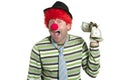 Clown with many dollar notes in hand